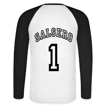 Salsero on 1 - Salsa Dance Shirt - Unisex Baseballshirt langarm - Weiß/Schwarz - Hinten - Nik (191cm)