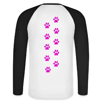 Motif d’empreintes de pattes de chat roses - T-shirt baseball manches longues Homme - blanc/noir - Dos - Nik (191cm)
