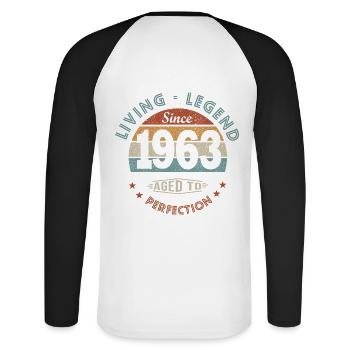 legend since 1963 Born in 1963 birthday 59 years - Unisex Long Sleeve Baseball T-Shirt - white/black - Back - Nik (191cm)