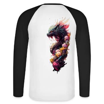 Japanischer Drache - Unisex Baseballshirt langarm - Weiß/Schwarz - Hinten - Nik (191cm)
