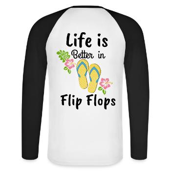 Das Leben ist besser in Flip-Flops - Unisex Baseballshirt langarm - Weiß/Schwarz - Hinten - Nik (191cm)