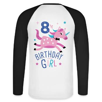 8. Geburtstag Mädchen 8 Jahre Licorn Unicorn - Unisex Baseballshirt langarm - Weiß/Schwarz - Hinten - Nik (191cm)