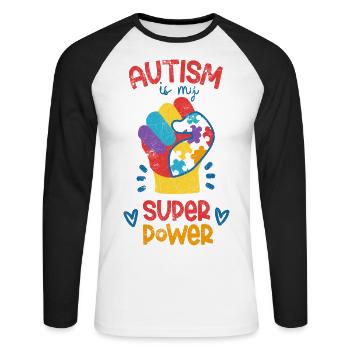 AUTISMUS IST SUPERKRAFT AUTIST ADS ASPERGER SPRUCH - Unisex Baseballshirt langarm - Weiß/Schwarz - Vorne - Nik (191cm)