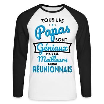 Papas géniaux mais les meilleurs sont Réunionnais - T-shirt baseball manches longues Homme - blanc/noir - Devant - Nik (191cm)