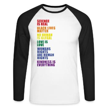 LGBT Pride equality no human is illegal - Unisex Long Sleeve Baseball T-Shirt - white/black - Front - Nik (191cm)