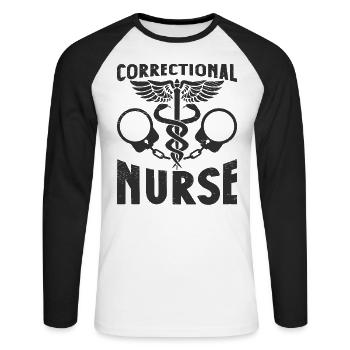 Justizvollzugsanstalt JVA Gesundheitspflegerin - Unisex Baseballshirt langarm - Weiß/Schwarz - Vorne - Nik (191cm)