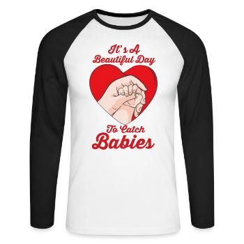 Naissance de bébé Sage-femme Obstétrique Obstétricien - T-shirt baseball manches longues Homme - blanc/noir - Devant - Nik (191cm)