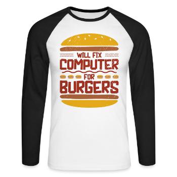 Will Fix Computer for Burgers Tech Support - Unisex Long Sleeve Baseball T-Shirt - white/black - Front - Nik (191cm)