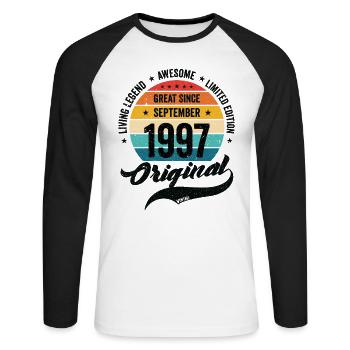Retro 25 Jahre September 1997 Geburtstag Vintage - Unisex Baseballshirt langarm - Weiß/Schwarz - Vorne - Nik (191cm)
