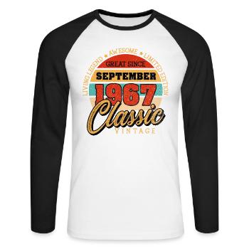 Retro 55 Jahre September 1967 Geburtstag Vintage - Unisex Baseballshirt langarm - Weiß/Schwarz - Vorne - Nik (191cm)