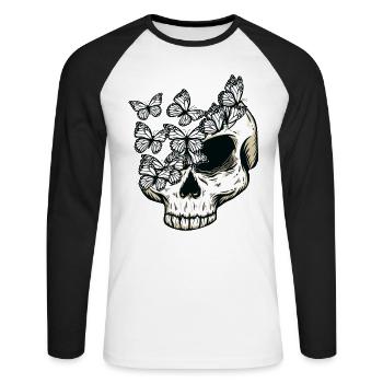 Squelette d’os du crâne de papillon gothique - T-shirt baseball manches longues Homme - blanc/noir - Devant - Nik (191cm)