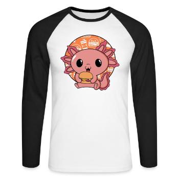 Axolotl Pet Cute Eating Burger and Drinks - Unisex Long Sleeve Baseball T-Shirt - white/black - Front - Nik (191cm)