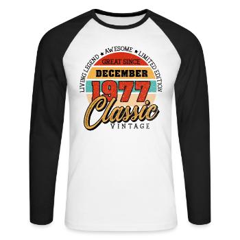Rétro 45 ans Décembre 1977 Anniversaire Millésime - T-shirt baseball manches longues Homme - blanc/noir - Devant - Nik (191cm)