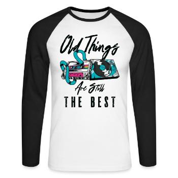 Librairie Ancienne Vinyle Cassette Musique Vintage Lover - T-shirt baseball manches longues Homme - blanc/noir - Devant - Nik (191cm)