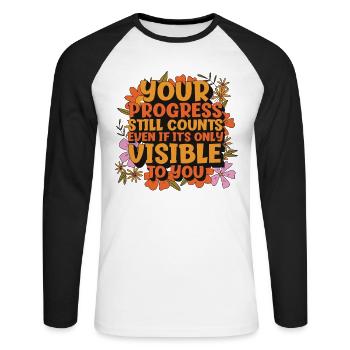 Living Progress cite un message positif - T-shirt baseball manches longues Homme - blanc/noir - Devant - Nik (191cm)