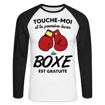 Cadeau humour boxe - femme ou homme - T-shirt baseball manches longues Homme - blanc/noir - Devant - Nik (191cm)