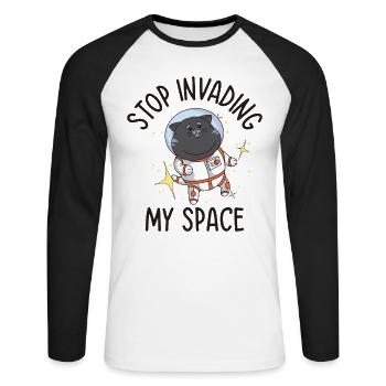 Astronaute de chat ronronnant dans l’espace - T-shirt baseball manches longues Homme - blanc/noir - Devant - Nik (191cm)