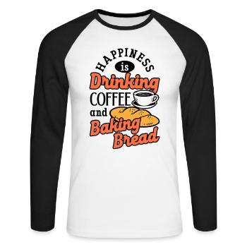 Cuisson au four, Pain, Caféine, Boulanger de pain - T-shirt baseball manches longues Homme - blanc/noir - Devant - Nik (191cm)
