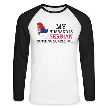 Nothing Scares Me My Wife Is Serbian Husband - Unisex Long Sleeve Baseball T-Shirt - white/black - Front - Nik (191cm)