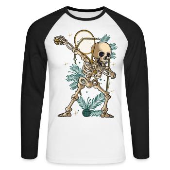 Dabbing Skeleton Tennisspieler mit Tennisschläger - Unisex Baseballshirt langarm - Weiß/Schwarz - Vorne - Nik (191cm)