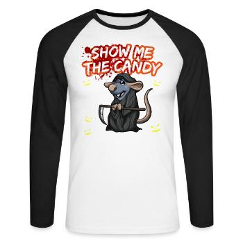 Show Me The Candy Halloween Costume Trick Or Treat - Unisex Long Sleeve Baseball T-Shirt - white/black - Front - Nik (191cm)