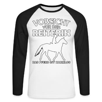 Vorsicht vor der Reiterin, das Pferd ist harmlos - Unisex Baseballshirt langarm - Weiß/Schwarz - Vorne - Nik (191cm)