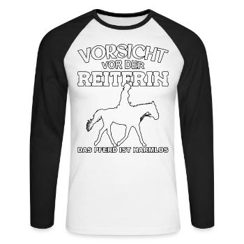 Vorsicht vor der Reiterin, das Pferd ist harmlos - Unisex Baseballshirt langarm - Weiß/Schwarz - Vorne - Nik (191cm)