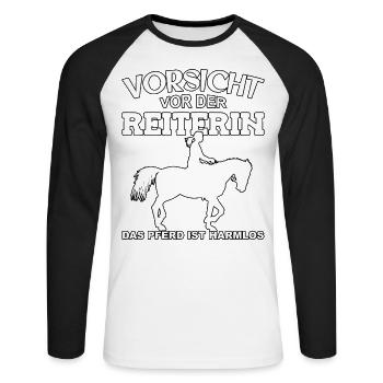 Vorsicht vor der Reiterin, das Pferd ist harmlos - Unisex Baseballshirt langarm - Weiß/Schwarz - Vorne - Nik (191cm)