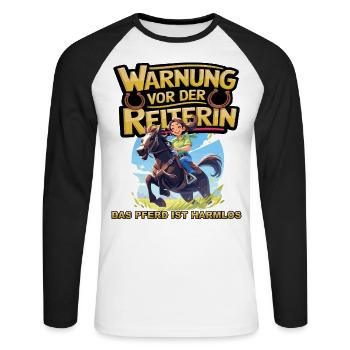 Vorsicht vor der Reiterin, das Pferd ist harmlos - Unisex Baseballshirt langarm - Weiß/Schwarz - Vorne - Nik (191cm)