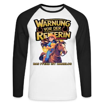Vorsicht vor der Reiterin, das Pferd ist harmlos - Unisex Baseballshirt langarm - Weiß/Schwarz - Vorne - Nik (191cm)