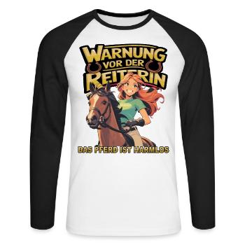 Vorsicht vor der Reiterin, das Pferd ist harmlos - Unisex Baseballshirt langarm - Weiß/Schwarz - Vorne - Nik (191cm)
