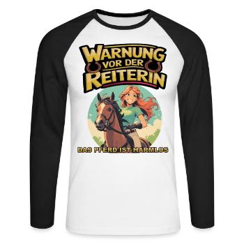 Vorsicht vor der Reiterin, das Pferd ist harmlos - Unisex Baseballshirt langarm - Weiß/Schwarz - Vorne - Nik (191cm)