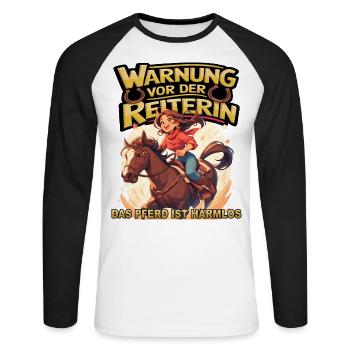 Vorsicht vor der Reiterin, das Pferd ist harmlos - Unisex Baseballshirt langarm - Weiß/Schwarz - Vorne - Nik (191cm)