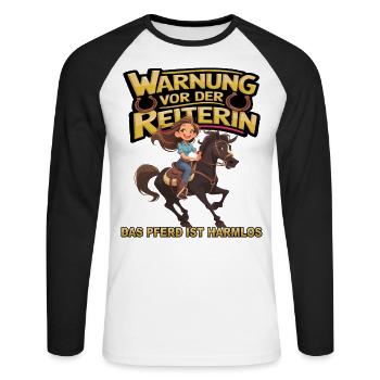 Vorsicht vor der Reiterin, das Pferd ist harmlos - Unisex Baseballshirt langarm - Weiß/Schwarz - Vorne - Nik (191cm)