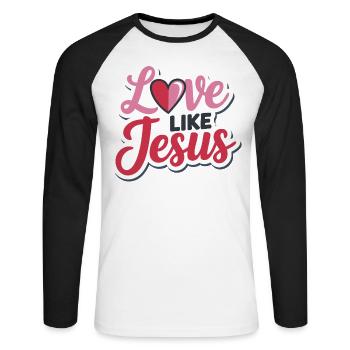 Love like Jesus - christliches Design Glaube Gott - Unisex Baseballshirt langarm - Weiß/Schwarz - Vorne - Nik (191cm)