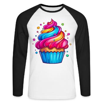 fluffiger Regenbogen Cupcake - Unisex Baseballshirt langarm - Weiß/Schwarz - Vorne - Nik (191cm)