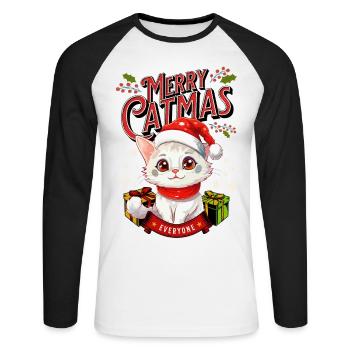 Cat Christmas Merry Catmas Meowy Ugly Funny - Unisex Long Sleeve Baseball T-Shirt - white/black - Front - Nik (191cm)