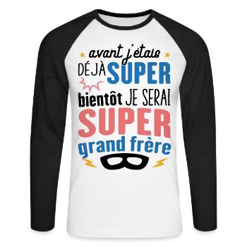 Annonce Grossesse Futur Super Grand Frère Garçon - T-shirt baseball manches longues Homme - blanc/noir - Devant - Nik (191cm)
