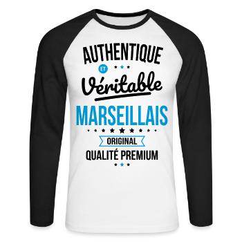 Authentique et véritable Marseillais - Original - T-shirt baseball manches longues Homme - blanc/noir - Devant - Nik (191cm)