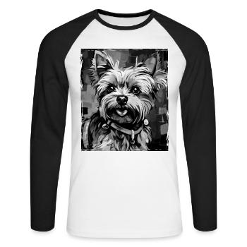 Yorkshire Terrier Hund Porträt - Unisex Baseballshirt langarm - Weiß/Schwarz - Vorne - Nik (191cm)