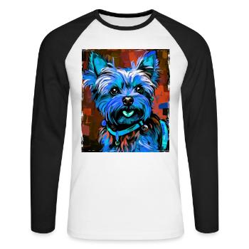 Yorkshire Terrier Hund Porträt - Unisex Baseballshirt langarm - Weiß/Schwarz - Vorne - Nik (191cm)