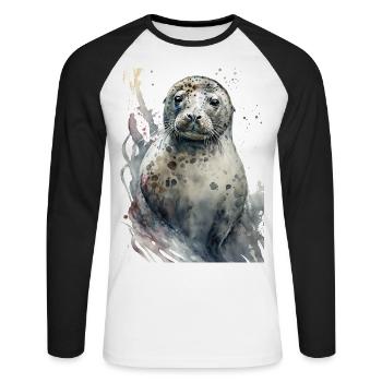 Sceau doux mignon réaliste aquarelle - T-shirt baseball manches longues Homme - blanc/noir - Devant - Nik (191cm)