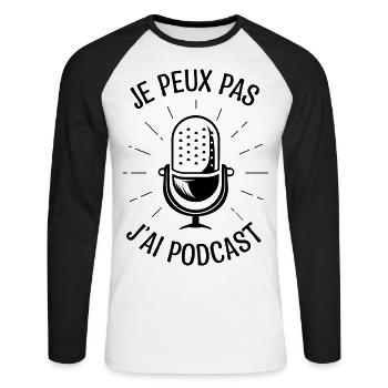 Je peux pas j'ai podcast podcasts cadeau Podcaster - T-shirt baseball manches longues Homme - blanc/noir - Devant - Nik (191cm)
