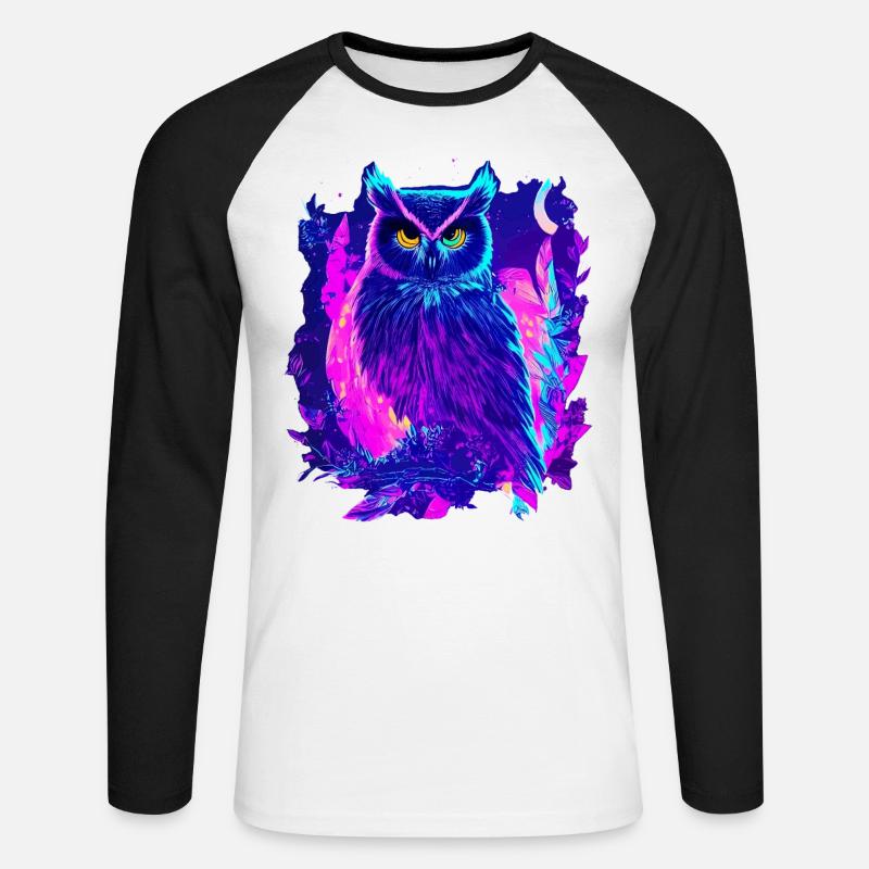 Neon leuchtende Eule Synthwave - Unisex Baseballshirt langarm - Weiß/Schwarz