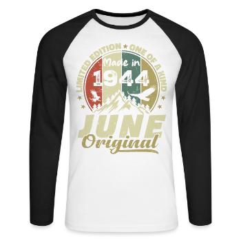 Juin 1944 Cadeau Anniversaire Juin 1944 Juin 1944 - T-shirt baseball manches longues Homme - blanc/noir - Devant - Nik (191cm)