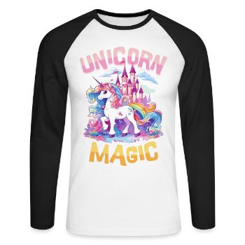 Einhorn Magie Regenbogen Schloss Bunt Fantasie - Unisex Baseballshirt langarm - Weiß/Schwarz - Vorne - Nik (191cm)