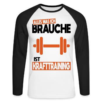 Alles was ich brauche ist Krafttraining - Unisex Baseballshirt langarm - Weiß/Schwarz - Vorne - Nik (191cm)