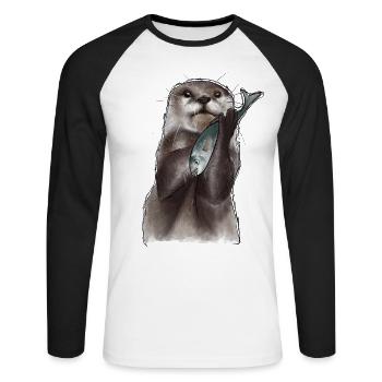 Aquarell Otter und Fisch - Unisex Baseballshirt langarm - Weiß/Schwarz - Vorne - Nik (191cm)