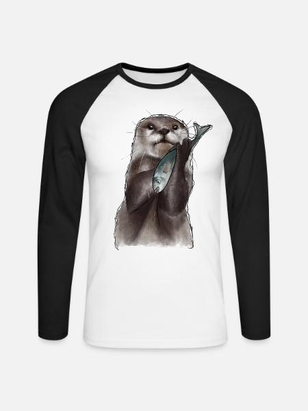 Aquarell Otter und Fisch - Unisex Baseballshirt langarm - Weiß/Schwarz