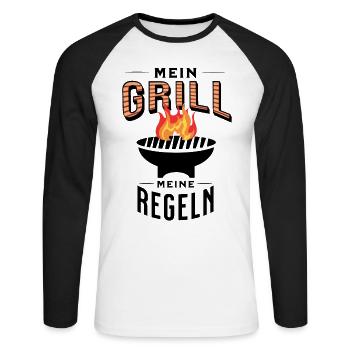 Mein Grill Meine Regeln Spruch Shirt BBQ Grill - Unisex Baseballshirt langarm - Weiß/Schwarz - Vorne - Nik (191cm)